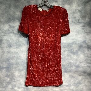 Vintage Laurence Kazar Red Sequin 100% Silk Cocktail Dress Size Petite L